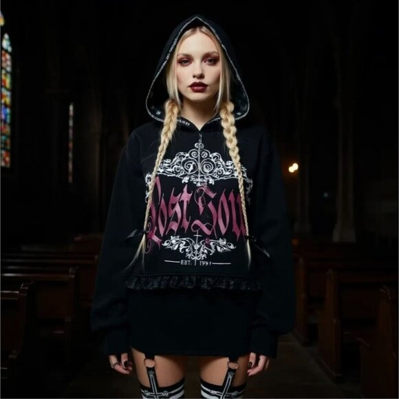 Fact Unfounded Lost Soul Hoodie – by Widow Black Lace Trim Gothic Graphic XS - Picture 2 of 6